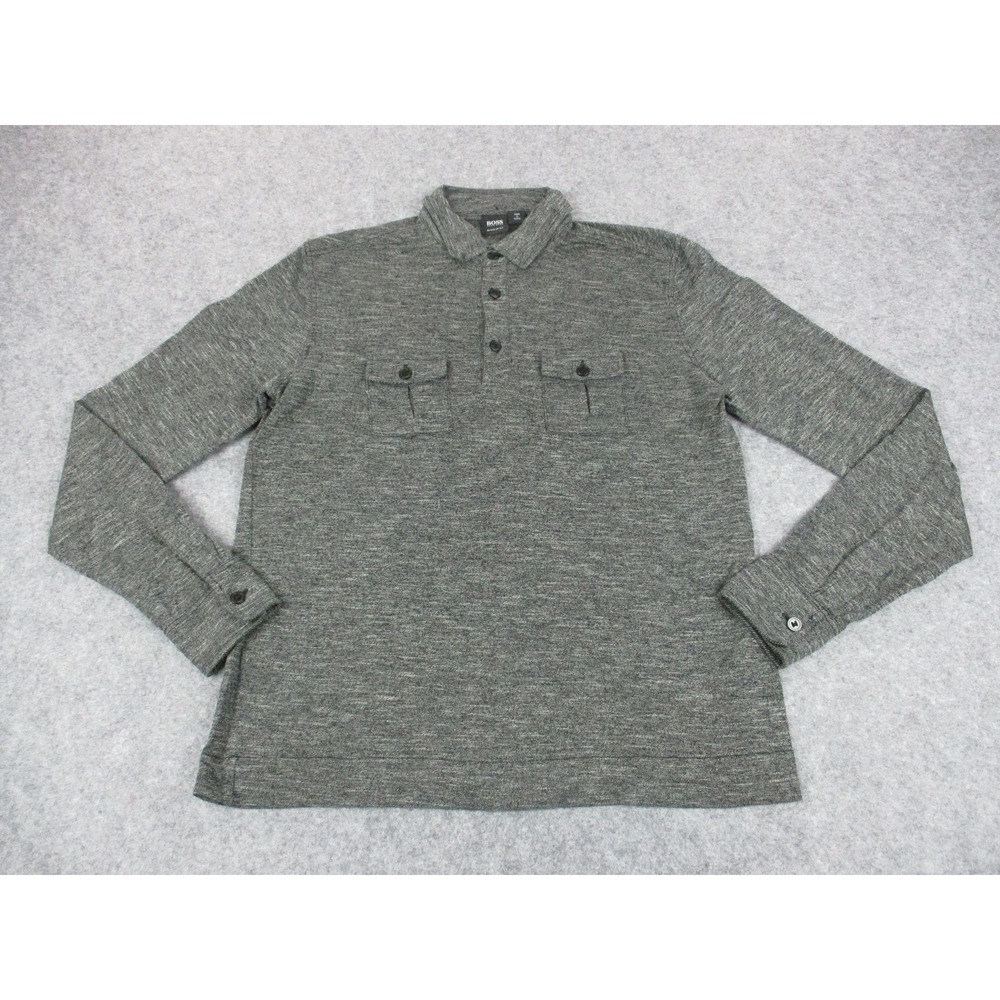 HUGO BOSS Polo Shirt Mens Medium Gray Heather Pockets Long Sleeve Stretch